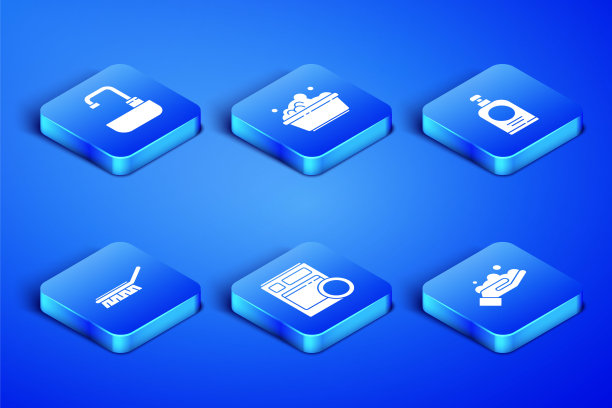 设置用肥皂洗手，洗手盆水龙头，厨房洗碗机，清洁刷，塑料泡沫和洗手液瓶图标。向量图片下载