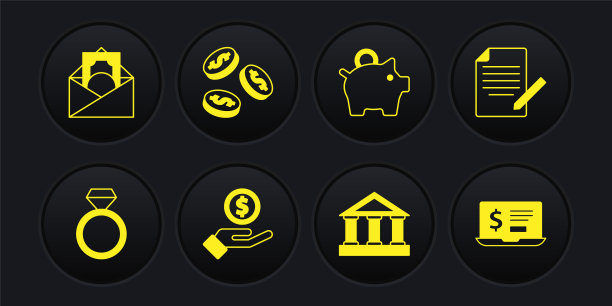 套钻石订婚戒指，文件和笔，手给钱，银行大楼，小猪储蓄罐，硬币与美元，笔记本电脑和信封符号图标。向量图片下载