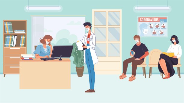 平面卡通人物，冠状病毒大流行期间的临床工作，社交广告矢量插画概念图片下载