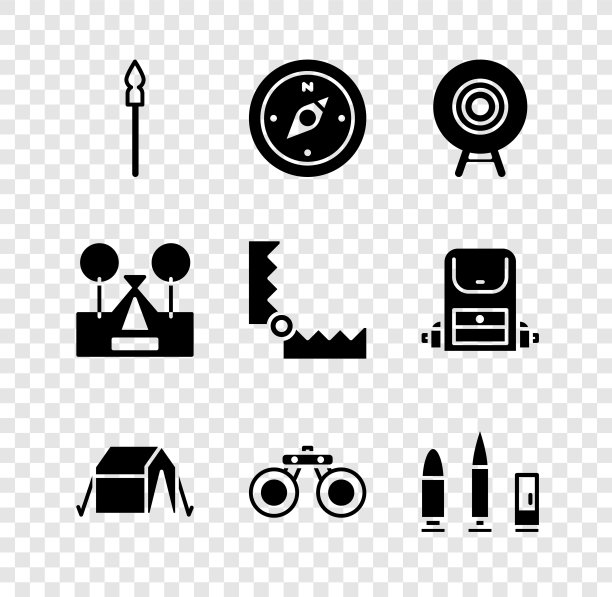 设置中世纪矛，指南针，目标运动，旅游帐篷，望远镜，子弹和弹药筒，陷阱狩猎图标。向量图片下载