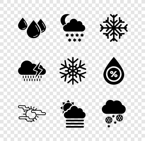 设置水滴，云与雪和月亮，雪花，雾太阳，云和图标。向量图片下载