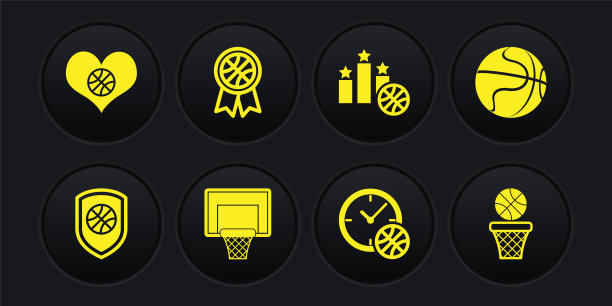 设置盾牌在篮球，篮球，篮板，时钟与，体育冠军的领奖台，奖项，和和心的图标。向量图片下载
