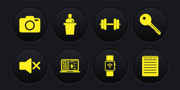 设置扬声器静音，按键，医疗临床记录，智能手表无线，哑铃和图标。向量图片下载