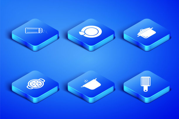 设置刨丝器，盐和胡椒，烹饪锅，汤，洗盘子和图标。向量图片下载