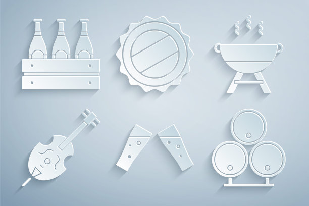 集啤酒，烧烤烧烤，小提琴，木桶，瓶盖和包装瓶图标。向量图片下载