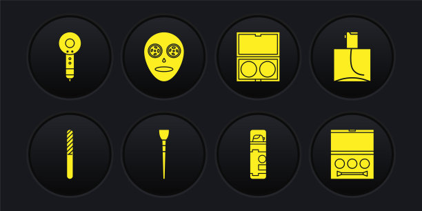 设置指甲锉，香水，化妆刷，剃须凝胶泡沫，粉与镜子，面部化妆品面膜，眼影盘和吹风机图标。向量图片下载