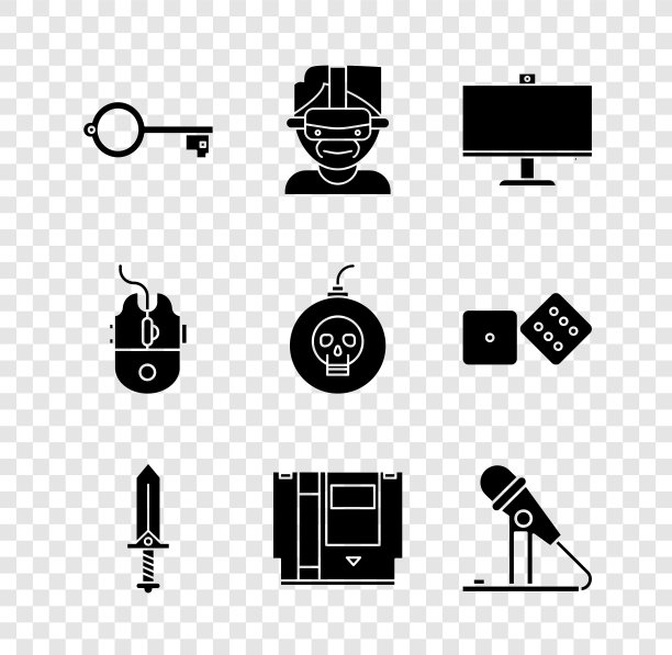 设置远古关键的游戏，虚拟现实眼镜，电脑显示器，剑，磁带，麦克风，鼠标游戏和炸弹准备爆炸图标。向量图片下载