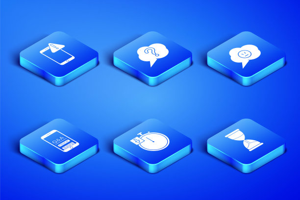 设置沙漏，移动与感叹号，秒表，问题和感叹号，演讲气泡和愤怒的微笑图标。向量图片下载