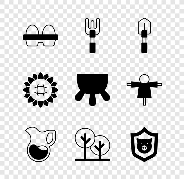 设置鸡蛋在盒子，花园耙，铲子，牛奶壶玻璃，树，盾猪，向日葵和乳房图标。向量图片下载