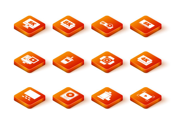 设置电影院礼堂座椅，CD光盘奖框，行动极端相机，纸玻璃水，相机胶卷卷墨盒，电影聚光灯，在线播放视频和4k超高清图标。向量图片下载