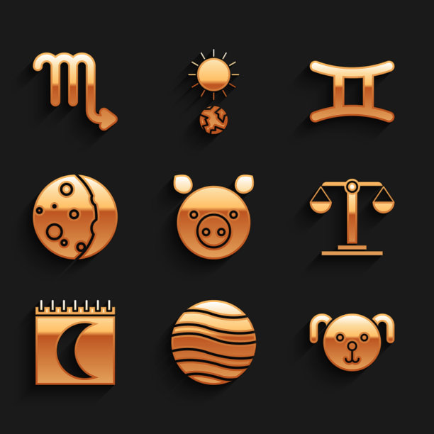 设置猪的黄道，木星，狗，天秤座，月相日历，日蚀，双子座和天蝎座图标。向量图片下载
