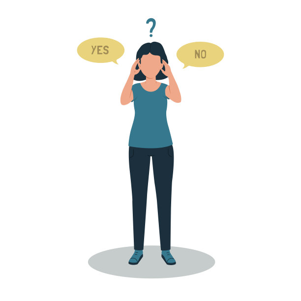 女人选择“是”或“不是”。矢量插图的一个女孩与问号。图片下载