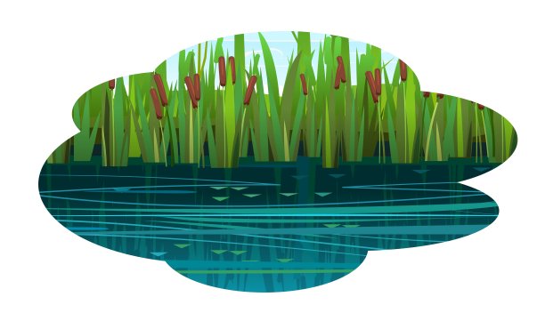 用于娱乐和钓鱼的河岸。可爱的夏日田园风光与水。当前和海浪。反射。夏季作文以云的形式。说明向量。图片下载