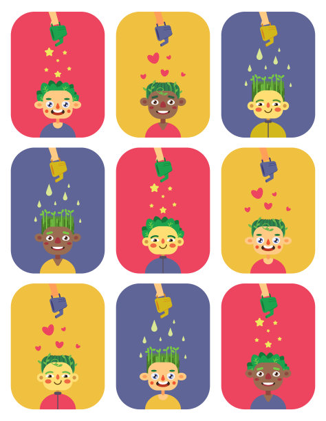 一套卡通儿童的卡片，他们用植物代替头发。向量。图片下载