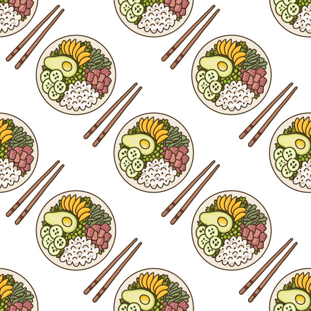 无缝模式金枪鱼poke碗-夏威夷菜，米饭ahi金枪鱼，鳄梨，芒果，黄瓜和海藻，在白色的背景上。出色的菜单、宣传册、海报、包装、包装纸等设计。图片下载