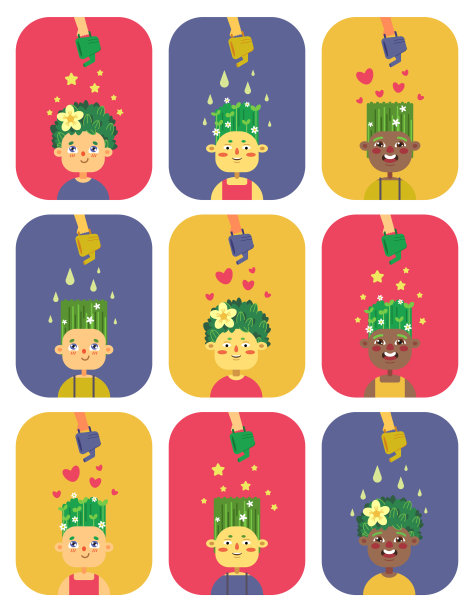 一套卡通儿童的卡片，他们用植物代替头发。向量。图片下载