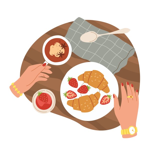 手和早餐。俯视图早餐，草莓和果酱牛角面包。一杯香料咖啡或茶，人物午餐点心在咖啡馆矢量卡通孤立插图图片下载