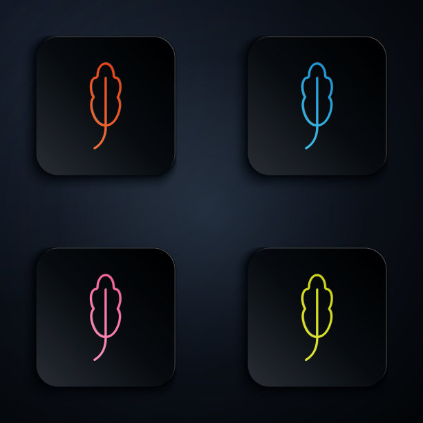 彩色霓虹灯线羽毛图标隔离在黑色图片下载