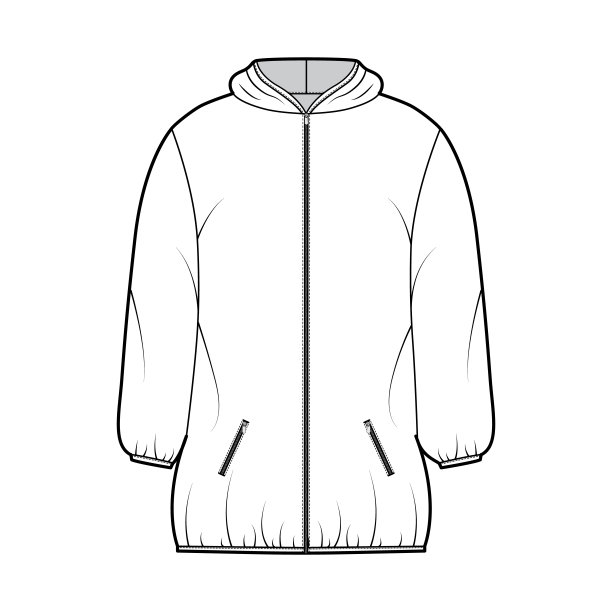 羽绒服外套技术时尚插图与长袖，帽衫领，拉链关闭，大腿长度图片下载