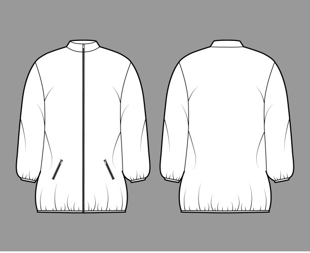 羽绒服外套技术时尚插图与长袖，立领，口袋，四四方方的适合，大腿长度图片下载