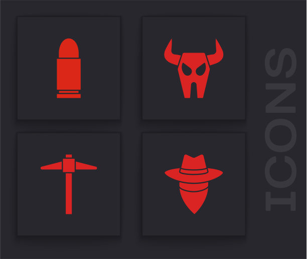 设置牛仔子弹，水牛头骨和鹤嘴锄图标图片下载