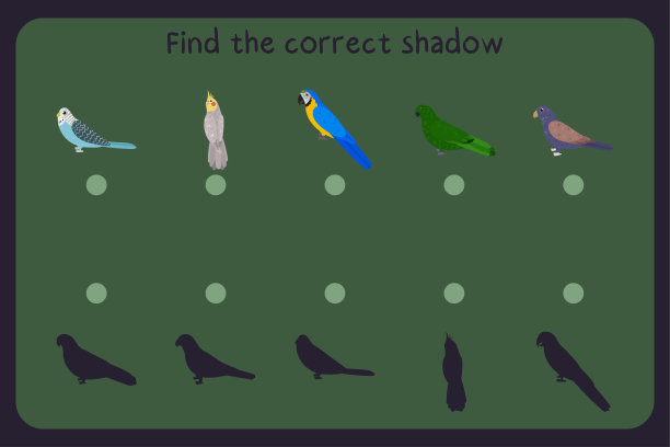 匹配的儿童教育游戏与鹦鹉-鹦鹉，鹦鹉，金刚鹦鹉，折衷，铜翼尖。找到正确的阴影。图片下载