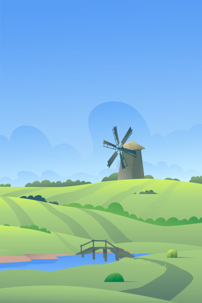 村庄插图。向量。一架风车矗立在田野里。农村景观。梯度执行技术。烘焙产品包装插图。品牌设计。图片下载