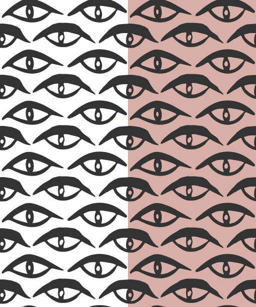 眼睛无缝花纹，黑色笔墨笔画。免费的涂鸦风格，抽象的图形插图。白色，粉色易于编辑的背景。向量图片下载