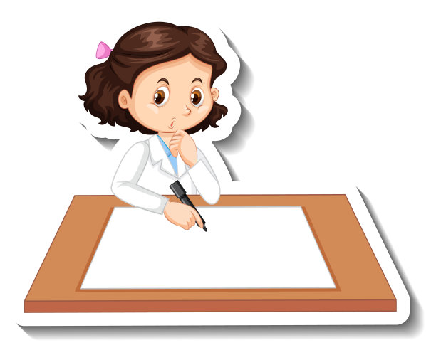 科学家女孩卡通人物与空白的桌子图片下载
