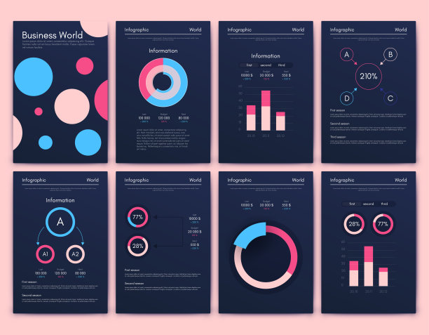 为商业手册的现代信息图表向量元素。用于网站，公司宣传册，广告和市场营销。饼图、线形图、条形图和时间线。图片下载