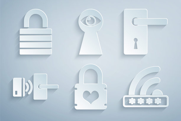 设置挂锁与心，门把手，数字门无线，Wifi锁定，钥匙孔眼和锁图标。向量图片下载