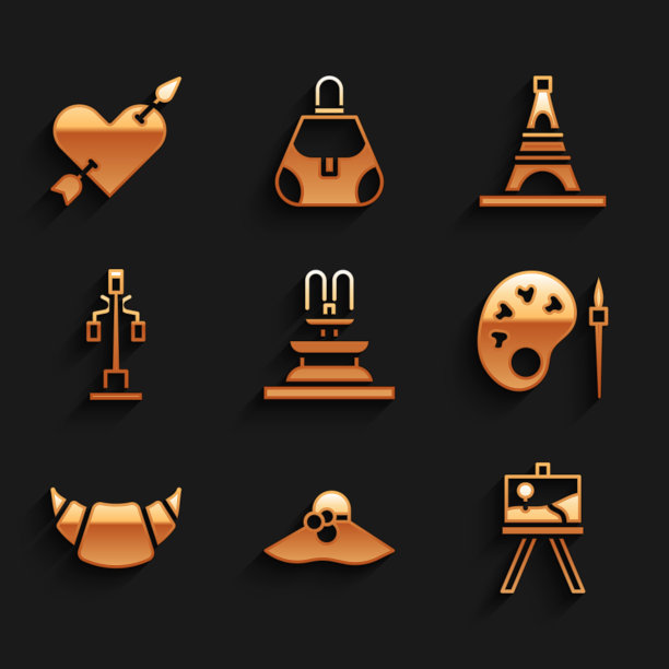 集喷泉，优雅的女人帽子，画架或画板，调色板画笔，羊角面包，街灯，埃菲尔铁塔和爱的心和箭头图标。向量图片下载