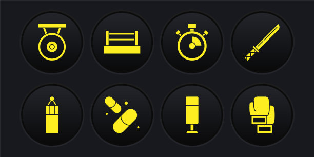 集沙袋，日本武士刀，维生素丸，秒表，拳击环，手套和锣图标。向量图片下载