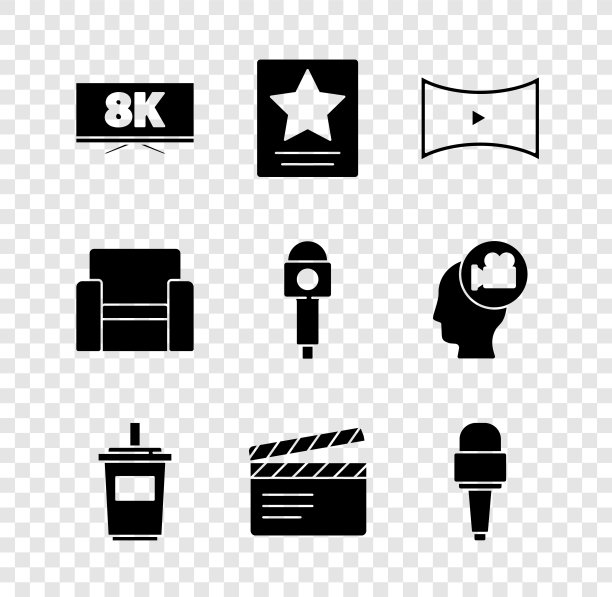 设置8k屏幕电视，好莱坞星光大道，在线播放视频，纸玻璃水，电影拍板，麦克风，电影椅子和图标。向量图片下载