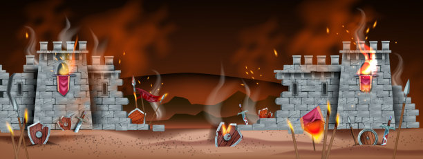 中世纪游戏战斗矢量背景，石头城堡墙废墟，火破盾，矛，剑，旗帜。图片下载