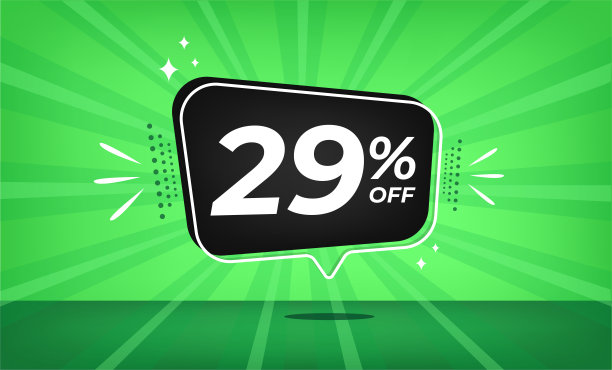 打29%。绿色横幅，29%的折扣，黑色气球，超级大销售。图片下载