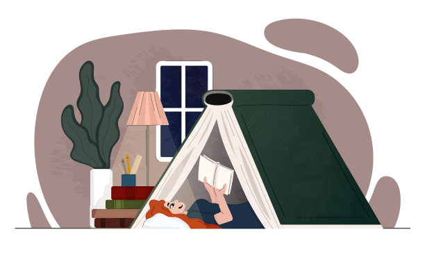 女孩晚上在一个点着灯的房间里，在一个大的书帐下看书。绘制可爱的矢量平面抽象插图在现代风格。孤立的层图片下载