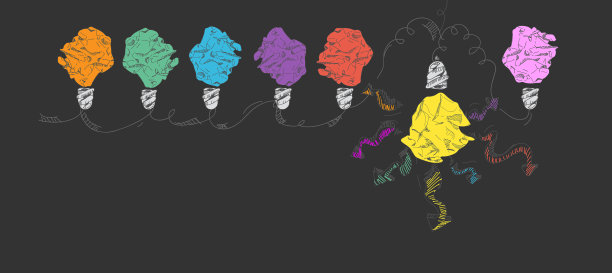 灯泡企业设计绘画艺术构思和概念思考创意。为了成功，计划，思考，搜索，分析，沟通，未来的想法，创新的技术现代。图片下载