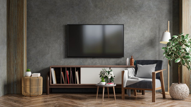 客厅内部有电视柜和扶手椅在水泥房间和混凝土墙。图片下载