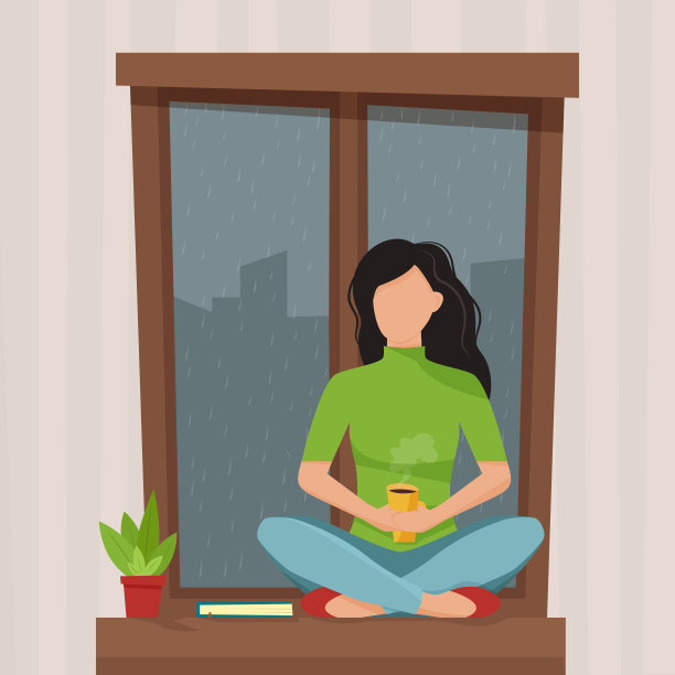 女孩拿着一杯咖啡在秋日的窗前图片下载