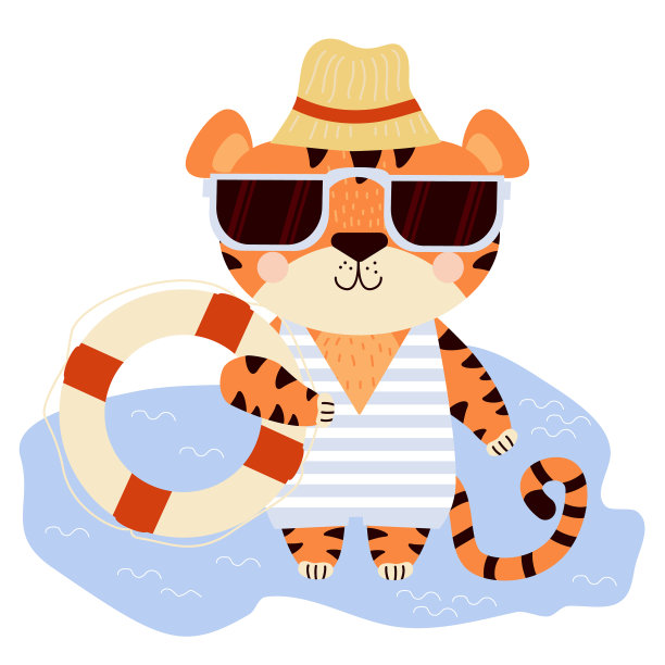 可爱的老虎有趣的条纹字符在海滩上图片下载