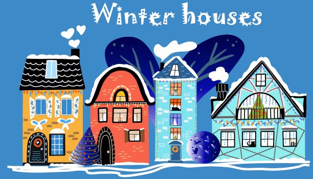 四雪盖房子，刻下温馨的祝愿，刻下冬天的房子，手绘，圣诞树，雪花，冬天的树，雪花图片下载