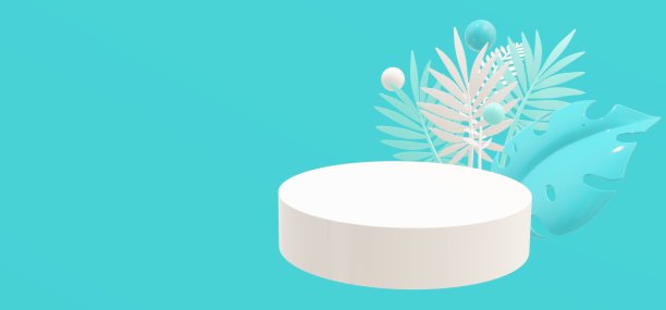 3d空舞台与热带树叶，孤立在蓝色背景。展柜有空白讲台和插花，商业产品展示模型图片下载