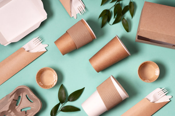 环保纸餐具。盘子，纸杯，快餐容器和餐具。回收利用或环保概念。“零浪费”的概念图片下载