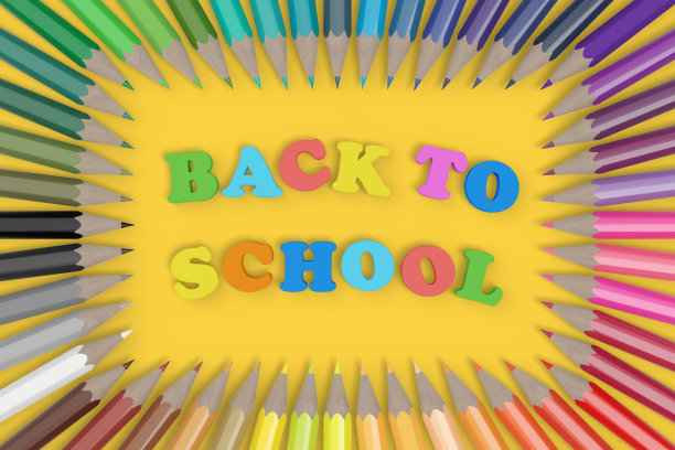 立体的“返校”文字被彩色铅笔包围。3 d演示。图片下载