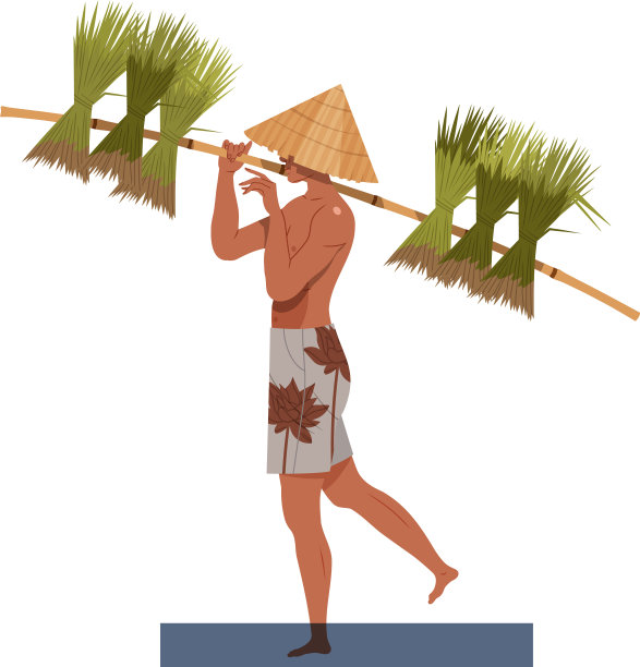 亚洲农民戴着锥形草帽，背着包裹图片下载