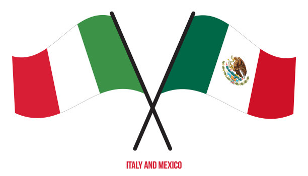 意大利和墨西哥的国旗交叉并平展图片下载