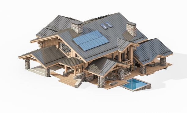 白色背景上的现代舒适小木屋3D渲染图片下载