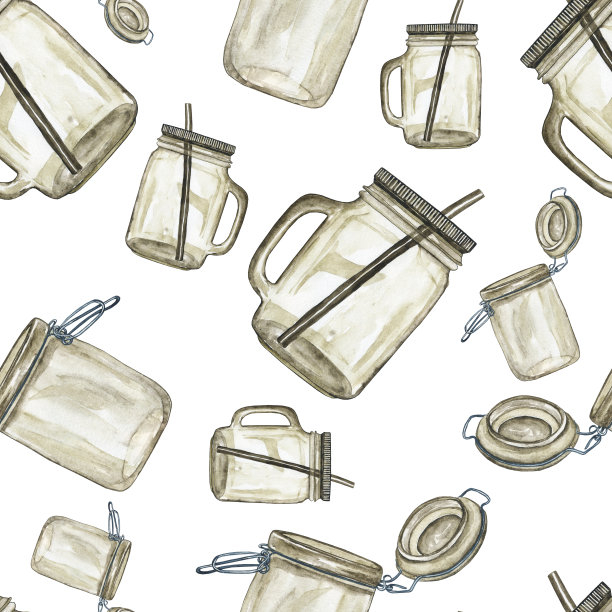 在白色背景上重复灰色玻璃瓦罐的纹理。水彩手绘插图。完美的数码纸，墙纸，包装。水彩画收集罐。图片下载