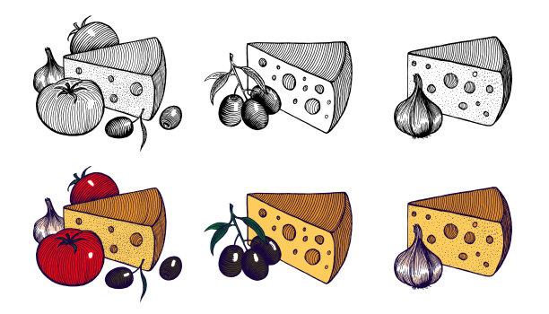 奶酪与大蒜，橄榄和西红柿，矢量插图。水果和浆果的集合。图片下载